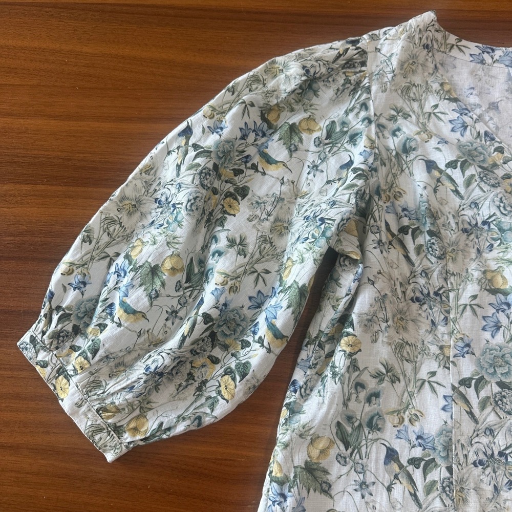J.Jill Linen Midi Dress Large Lucite Bird Utopia Puff Sleeve Cottage Coastal - Picture 9 of 16